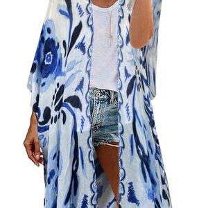 New Beach Cover up Kimono with blue Bohemian Floral Print and Tassels - SZ OS